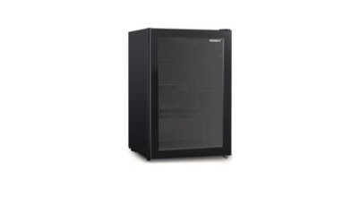 A black Husky 130L glass door bar fridge sold in Australia by Appliances Online with free delivery