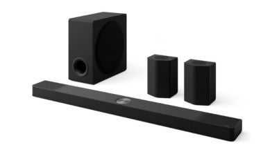 An LG brand 9.1.5 soundbar with subwoofer and additional surround sound speakers