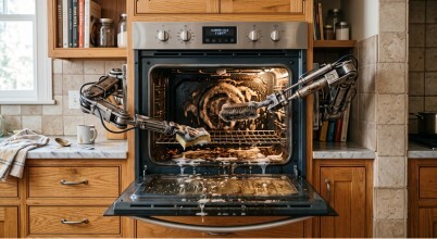 A comical interpretation of the concept of a self-cleaning built-in oven with mechanical arms reaching back inside to clean itself with a scrubbing brush and scourer