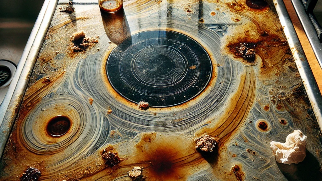 Brown stained dirty glass cooktop