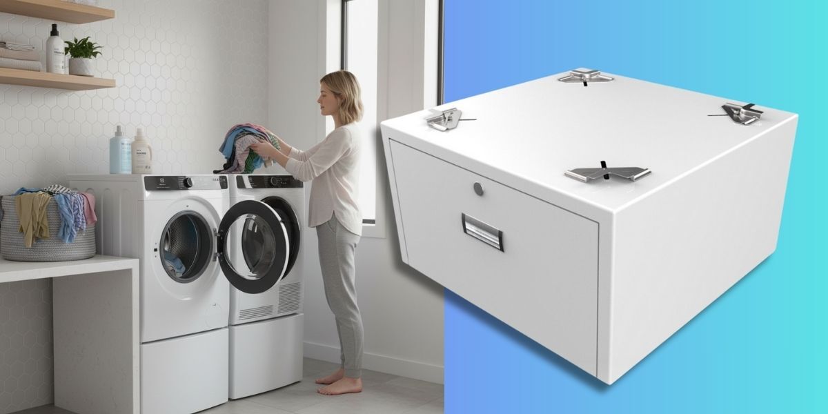 A woman loads a washing machine that is elevated on a laundry pedestal