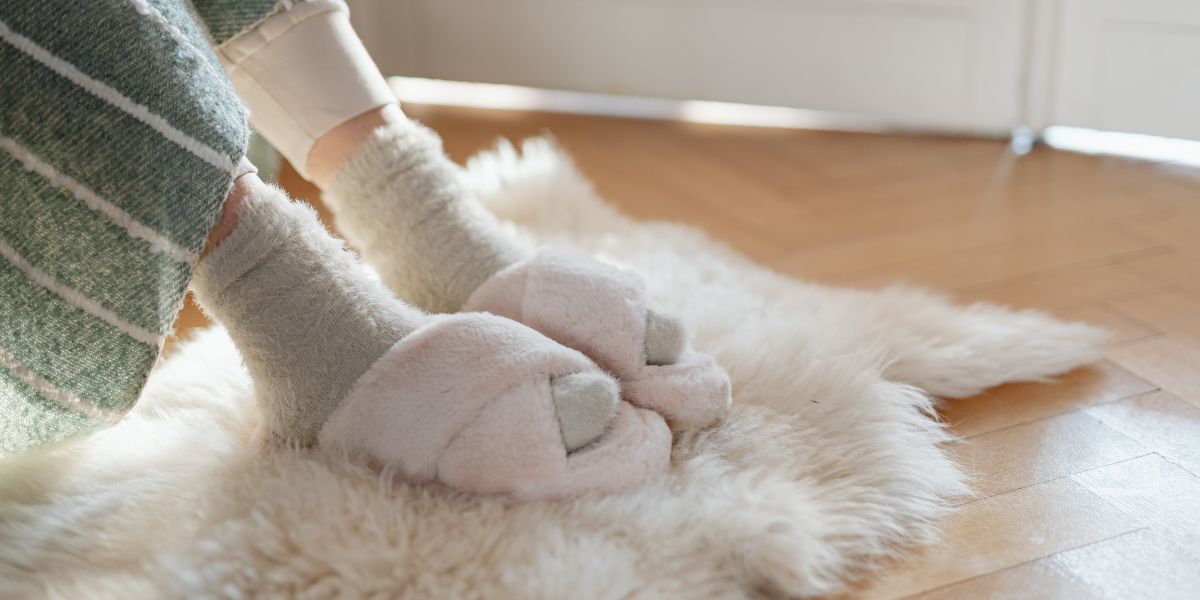 A person's pyjama-clad legs are wearing cosy slippers on a fluffy rug.