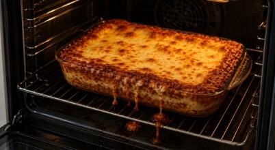 A lasagne with cheese sauce oozing over the edges of the glass baking tray
