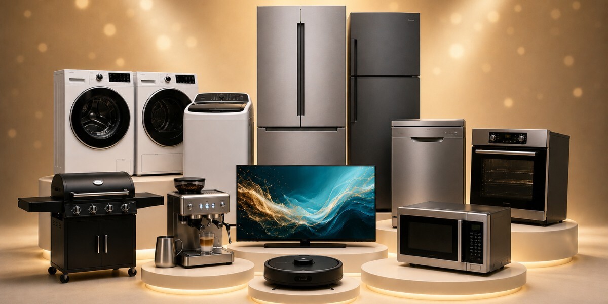 A selection of appliances on pedestals with celebratory lighting representing winners or popular appliances