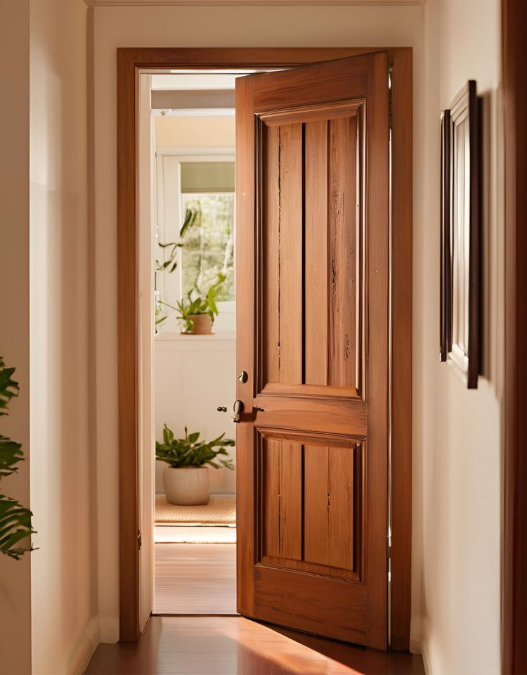 AI image of an open door inside a home. Close doors in your home to keep heat contained in specific areas and prevent wasted energy.