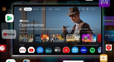 A CHiQ brand TV displays a Google TV homescreen