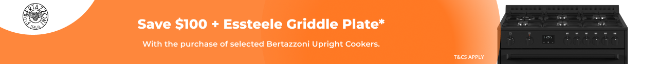 Save $100 + Bonus Essteele Griddle Plate with selected Bertazzoni Upright Ovens